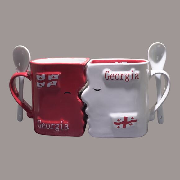 Unbranded Other - Kissing Mugs w/ 2 Teaspoons Ceramic Red & White Gift Valentine NWOT